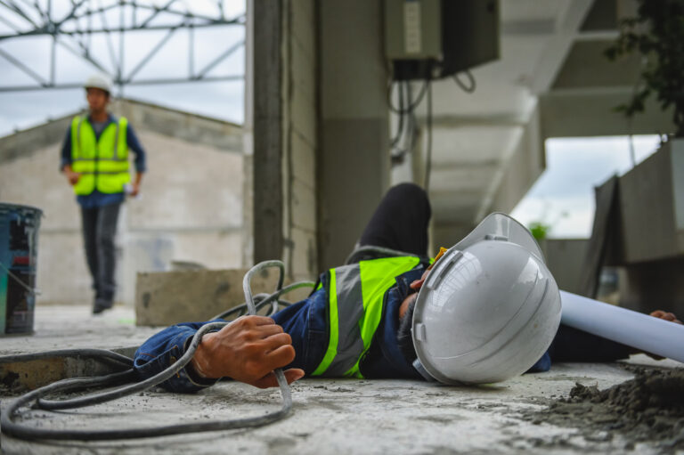 A worker in a high-vis jacket and helmet lies on the ground after they suffered an electric shock.