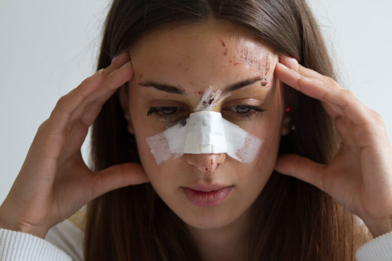 A woman with a bandage over her broken nose and lacerations on her eye and forehead. This gives rise to facial injury compensation claims.