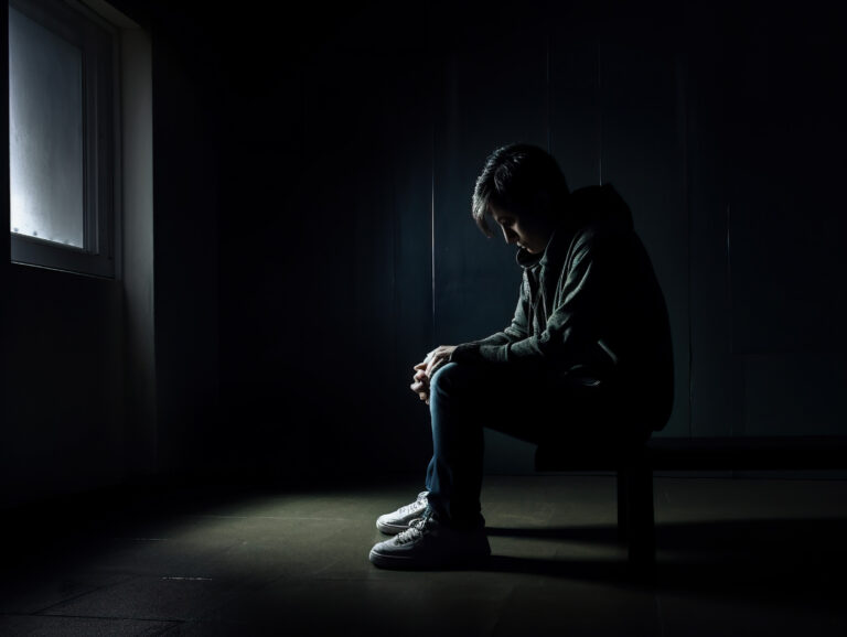 A person sitting alone in a dark room after suffering physical trauma for which they will seek chronic pain compensation