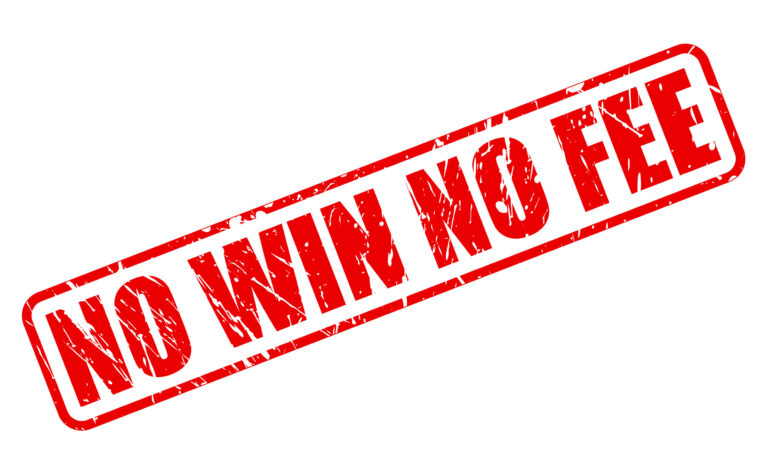 A red 'No Win No Fee' stamp on a white background.