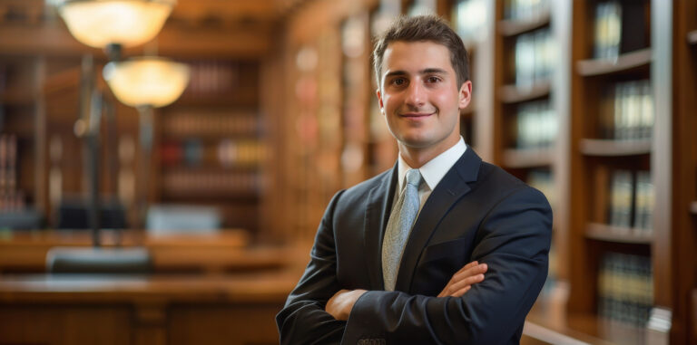 No Win No Fee solicitor standing in front of bookshelves to help you with a never event compensation claim.